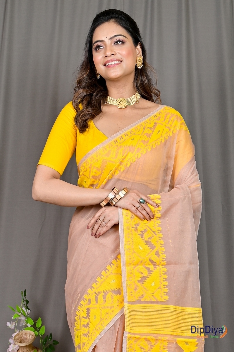 Brown Yellow Cotton Blended Parv Jamdani Saree (563)